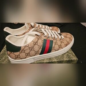 Gucci Beige Monogram Sneakers with Red and Green Stripes